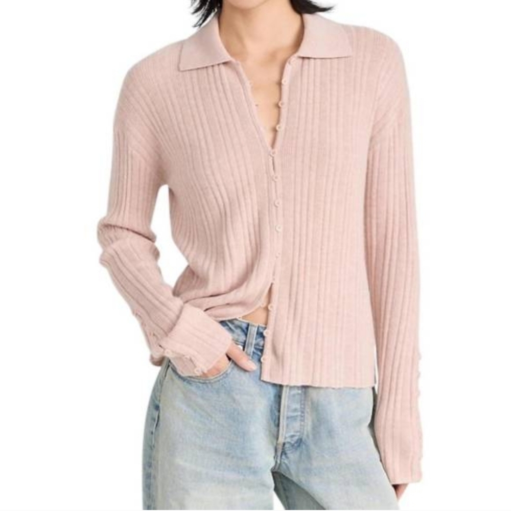 Ribbed Collared Button-Up Sweater - Blush Pink